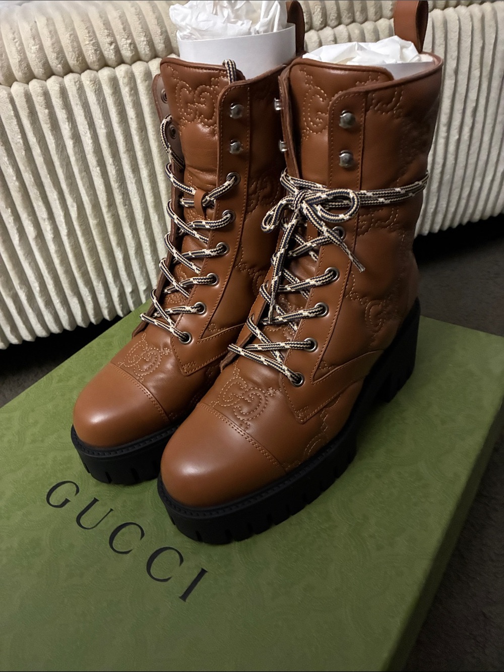 Gucci Tan Leather Lace-Up Platform Combat Boots